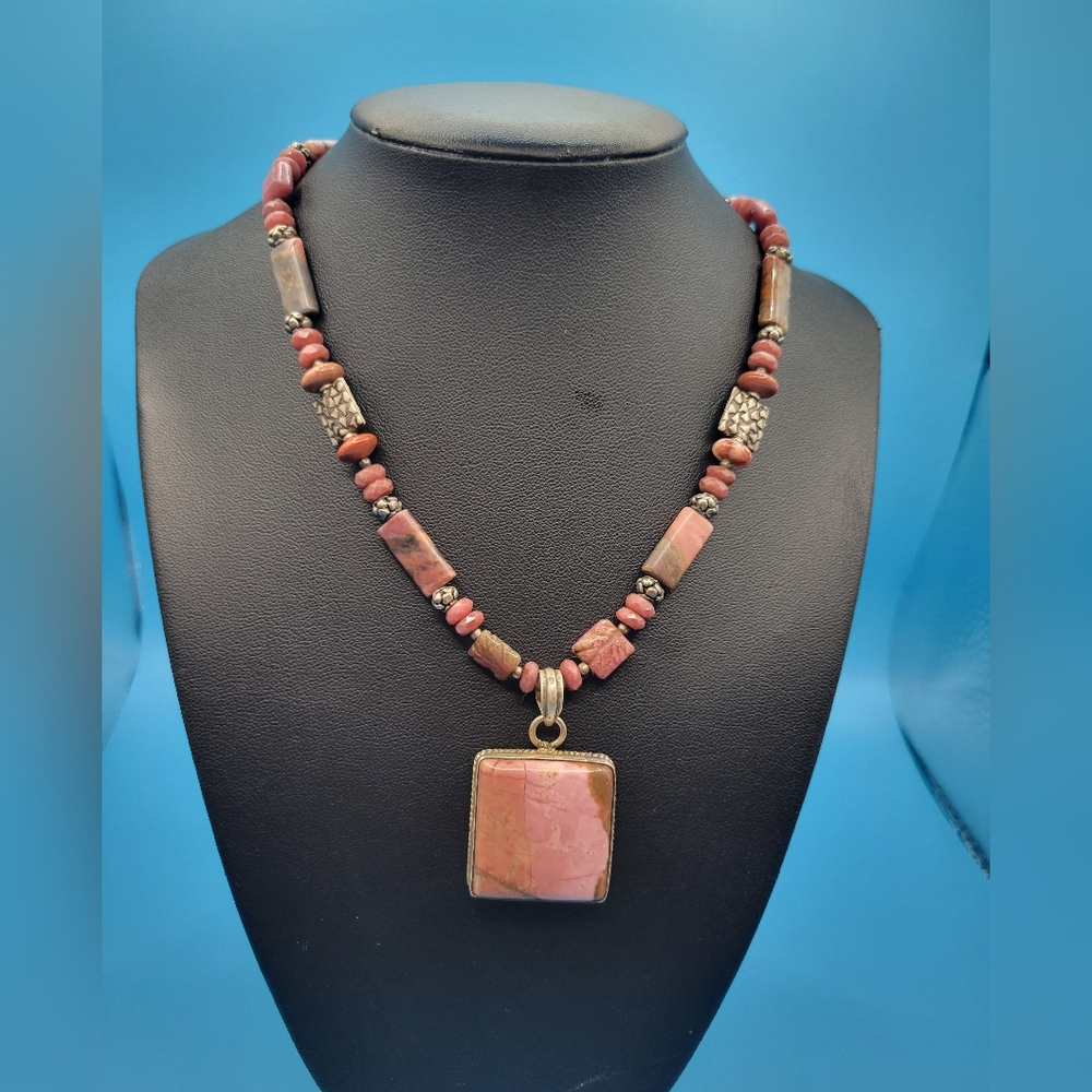 Pink Rhodochrosite Pendant Necklace - Elegant Beaded Statement